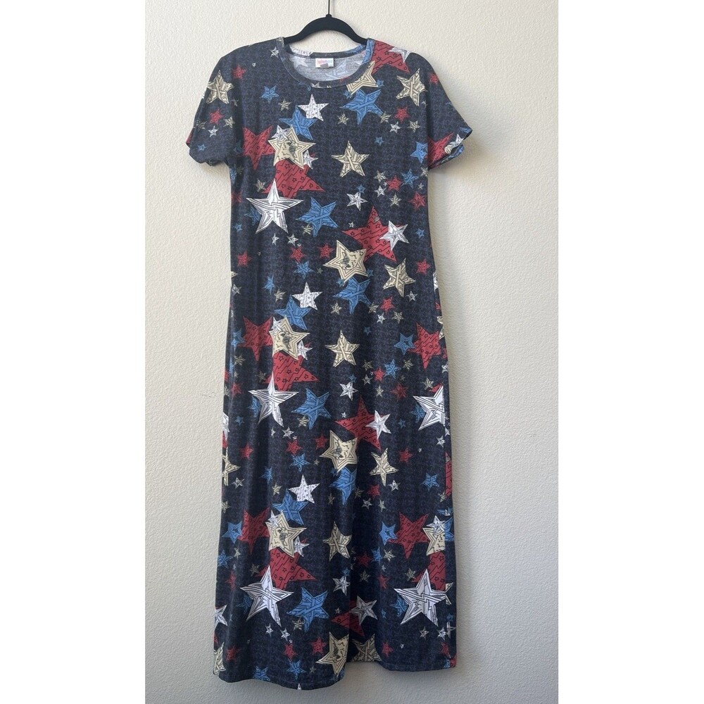 LuLaRoe Maria Maxi Dress Small S Americana Stars Red White Blue Patriotic USA